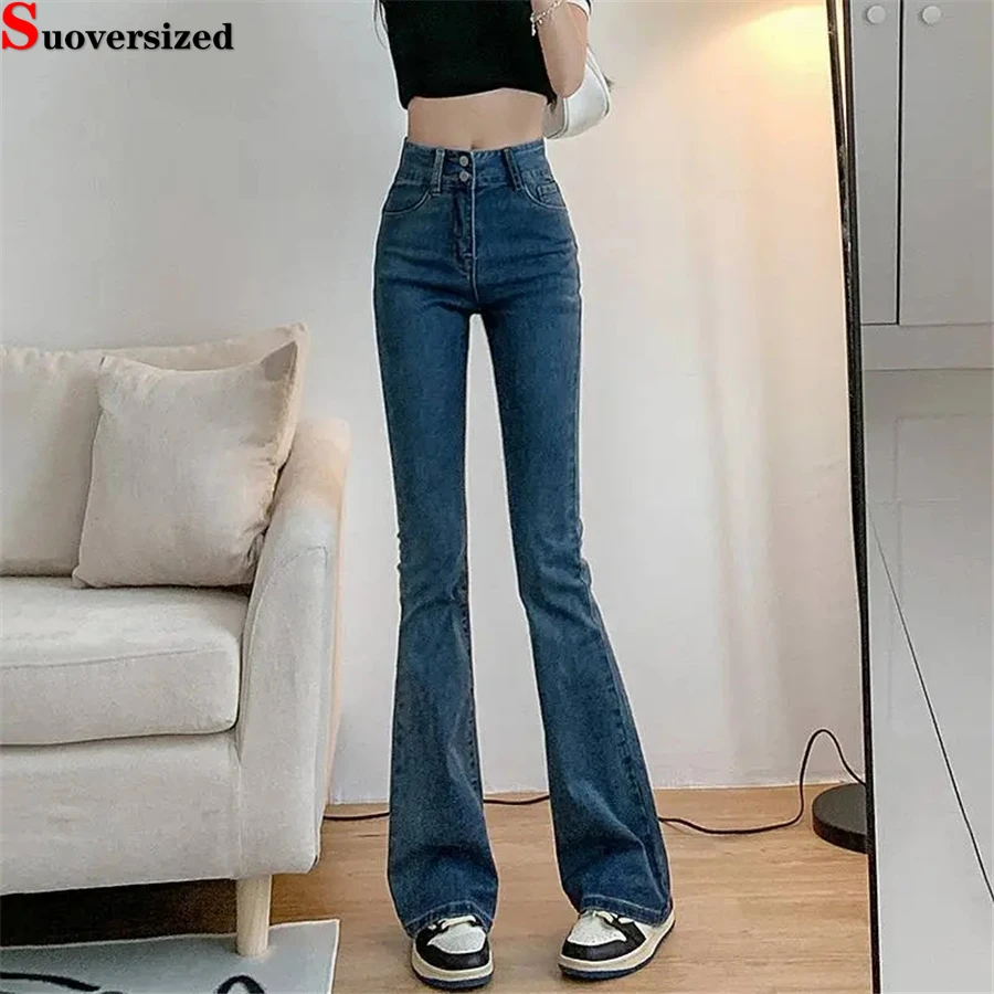 

Тонкие винтажные расклешенные джинсы с высокой талией, повседневные Vaqueros, корейские модные брюки, женские классические узкие брюки-карандаш, джинсовые брюки