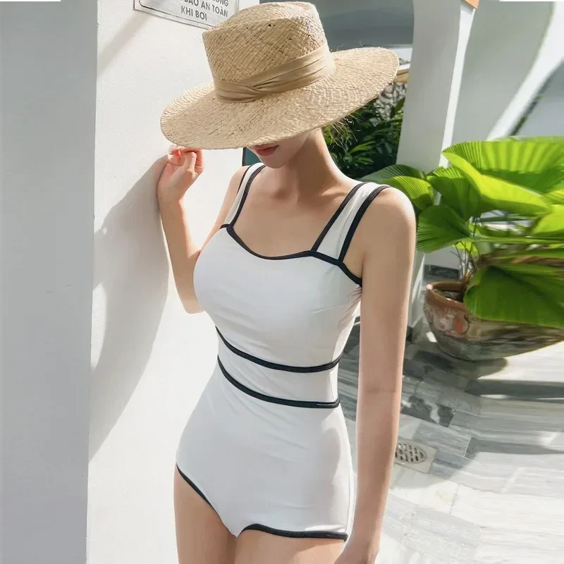 2024 Korean Style One Piece Swimwear Women Padded Swimwear Patchwork Push Up Swimsuit Bathing Suit Sexy Lady Monokini Beachwear