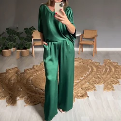 New 2024 Casual Thin Silk 2pc Sets Spring Summer Sexy V Neck Short Sleeved Top + Pants Suits Vintage Solid Loose Women Outfits