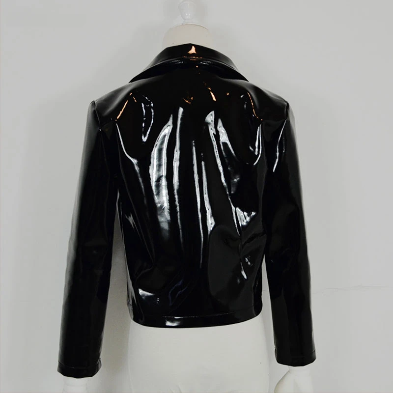 Shiny Patent Leather Jacket Women Gothic Faux Latex Laple Short Coat Ladies Punk Fashion PVC Overcoat Party Costume Custom New