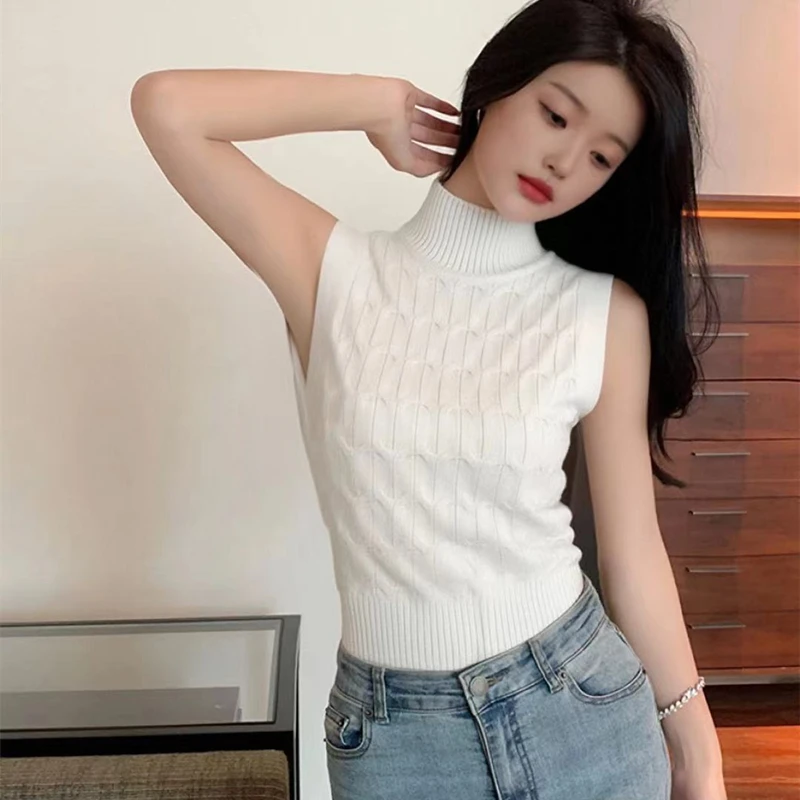 

2026 Spring/Summer Elegant Twisted Knit Vest High Neck Hanging Neck Top Slim Fit Knitted Sweater Versatile Pullover Sleeveless