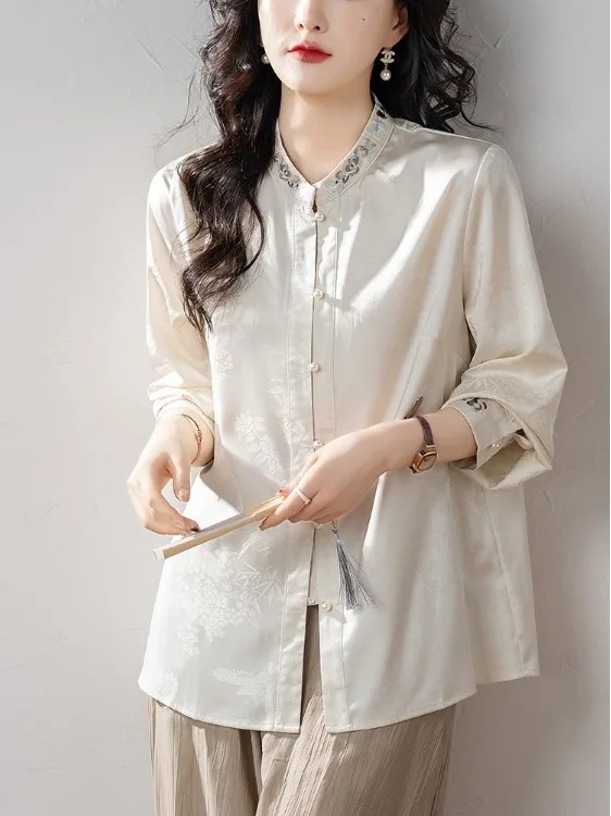 

New Chinese Style Spring 2026 Embroidered Floral Shirt Elegant Top Loose Fit Polyester Fiber Seven Sleeve Length round Neck