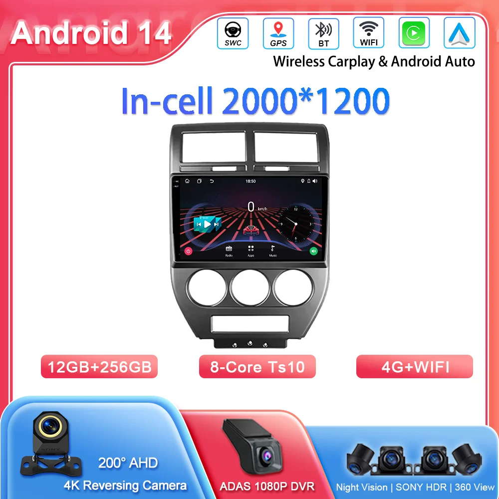 

Android 14 радио стерео для Jeep Compass MK Patriot 2006-2010 авто мультимедийный видеоплеер GPS-навигация беспроводной Carplay WIFI