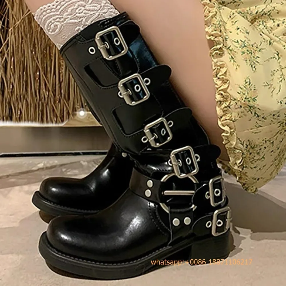 Bottes de style cowboy western en cuir véritable avec ceinture pour femme, bottes de chevalier décontractées, style Ins rond, noir et marron, automne 2024