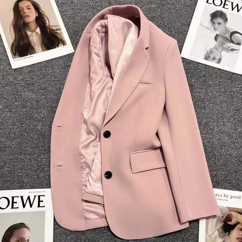 Blazer de manga comprida feminino, roupa chique coreana, jaqueta feminina do escritório, casaco de negócios casual, tops rosa e verde, terno preto