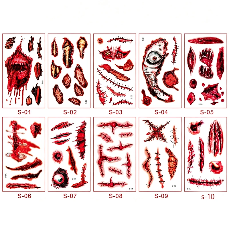 10 Sheets Halloween Realistic 3D Temporary Tattoos, Bloody Fake Wound Stitch Scabs Scary Horror Fake Tattoos with Easy Applicati