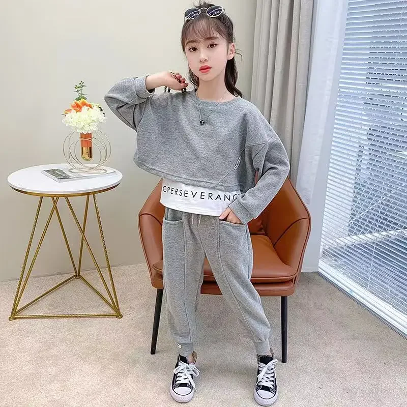 2024 autumn teenager tracksuit Gray girls Suit Clothes Long Sleeve Top sweatshirt & Legging Pants 4 6 8 9 10 12 Years Child set