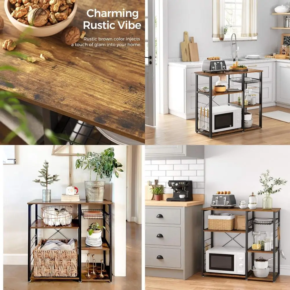 

Rustic Brown & Ink Black 33 Tall Baker's Rack with Coffee Bar, Charging Station, Storage & Pull-Out Basket