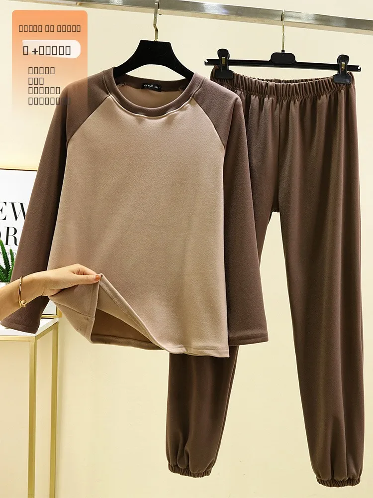 

Women's Winter Fce Lined Spwear Set oulder Insert Casual round Ne Long Sve Loose Fit Home Clothes Two Piece Set