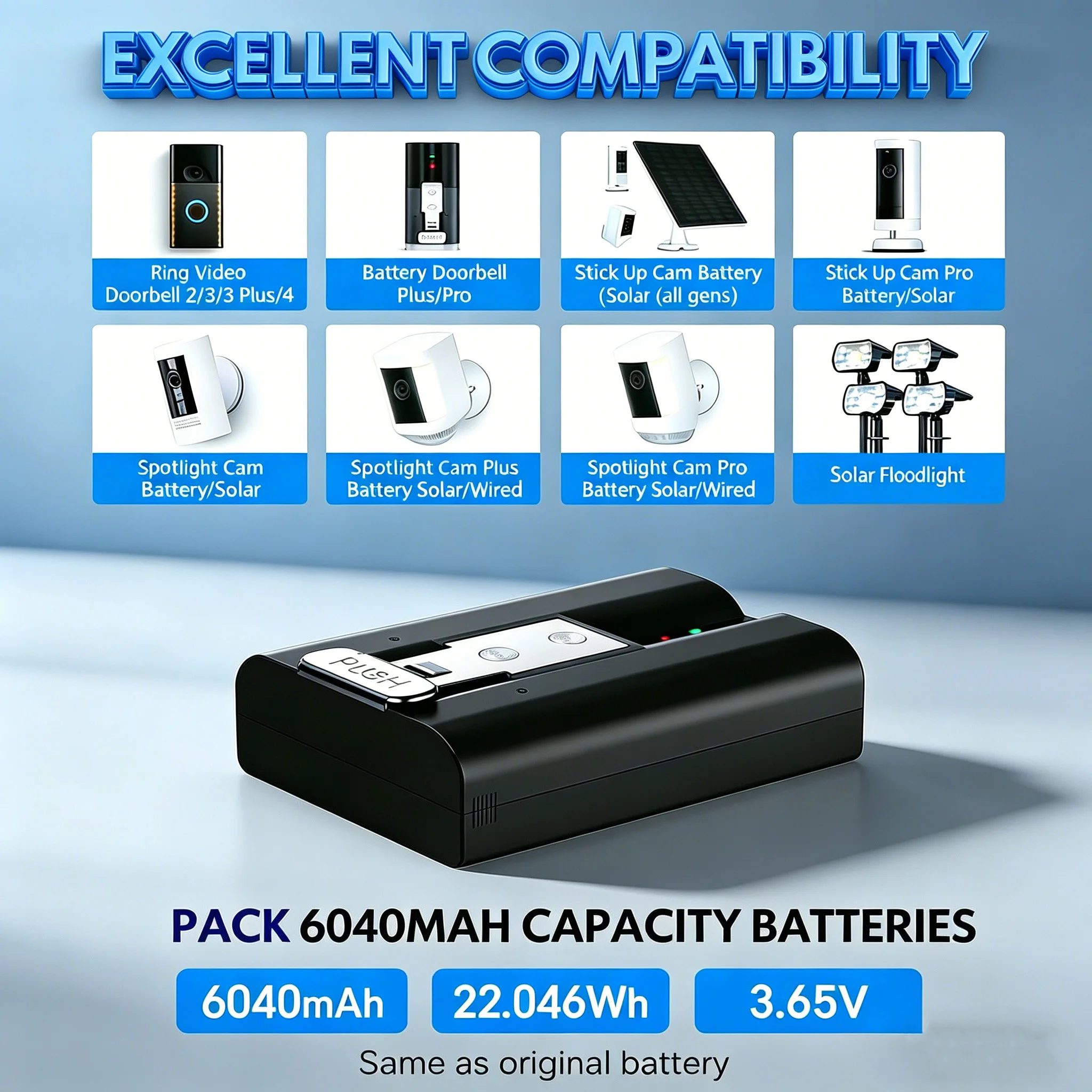 6040mAh Replacement Li-ion Battery For Ring Video Doorbell 3/3PLUS/4 Stick Up Cam Spotlight Cam Peephole Cam with Charger view 2