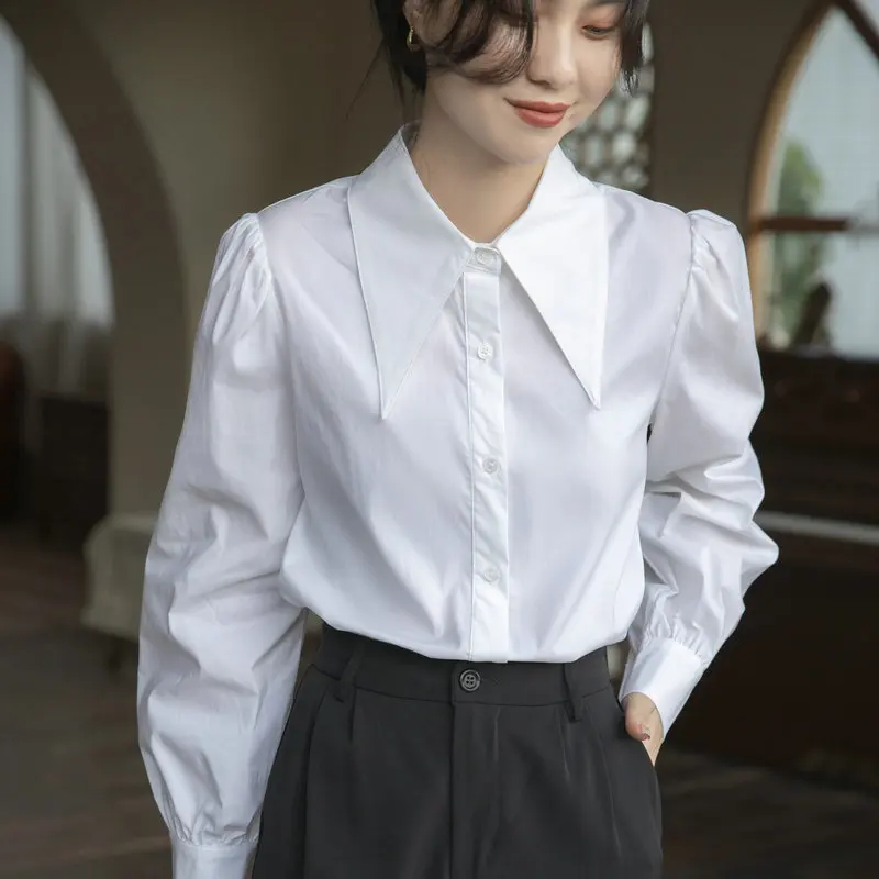 French Chic Turn Down Collar Blouse 2023 Spring Autumn Trend Women\'s Clothing Elegant Simple Puff Long Sleeve White Shirt 24762