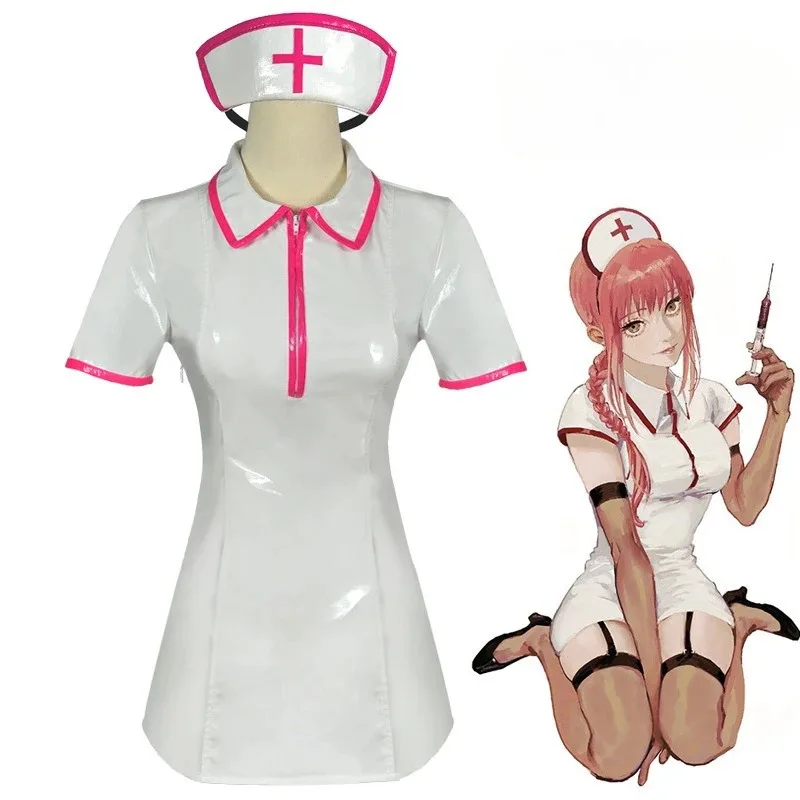 أزياء أنيمي باور ماكيما التأثيرية للممرضات، فستان من جلد البولي يوريثان مع ملحقات للنساء والفتيات، بدلة الهالوين؛ 4 ب #2