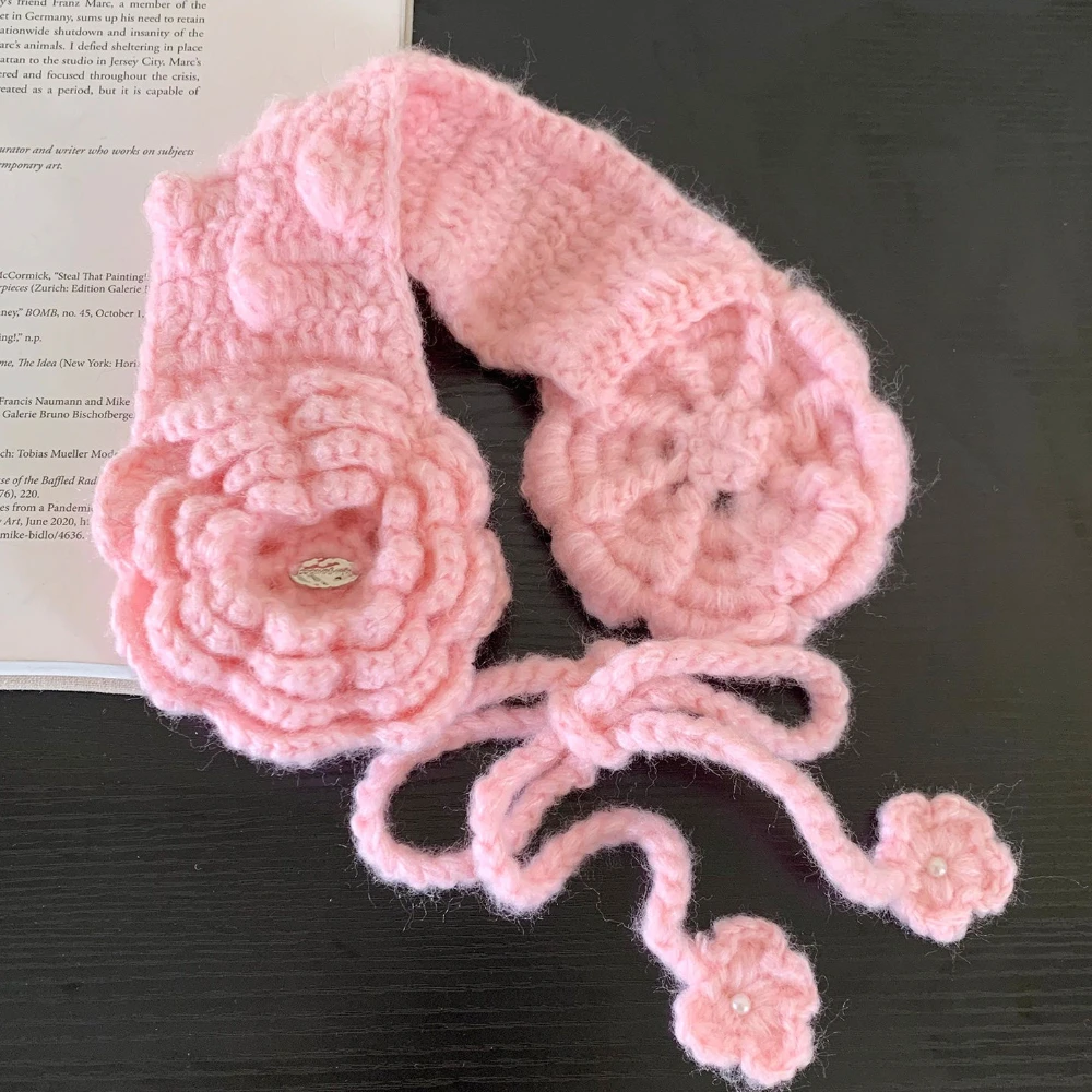 Women's 3D Floral Hand Knit Tie Ear Warmer&Snood 2in1Solid Color Knitted Ear Muffs Portable Outdoor Warm Ear Covers for Winter