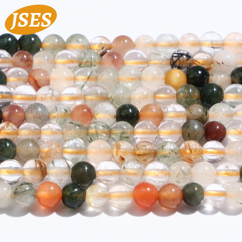 AA Natural Dark Colorful Rutilated Quartz Smooth Round Loose Stone Beads For Jewelry Making Design Diy Bracelet Gift 15 Inches