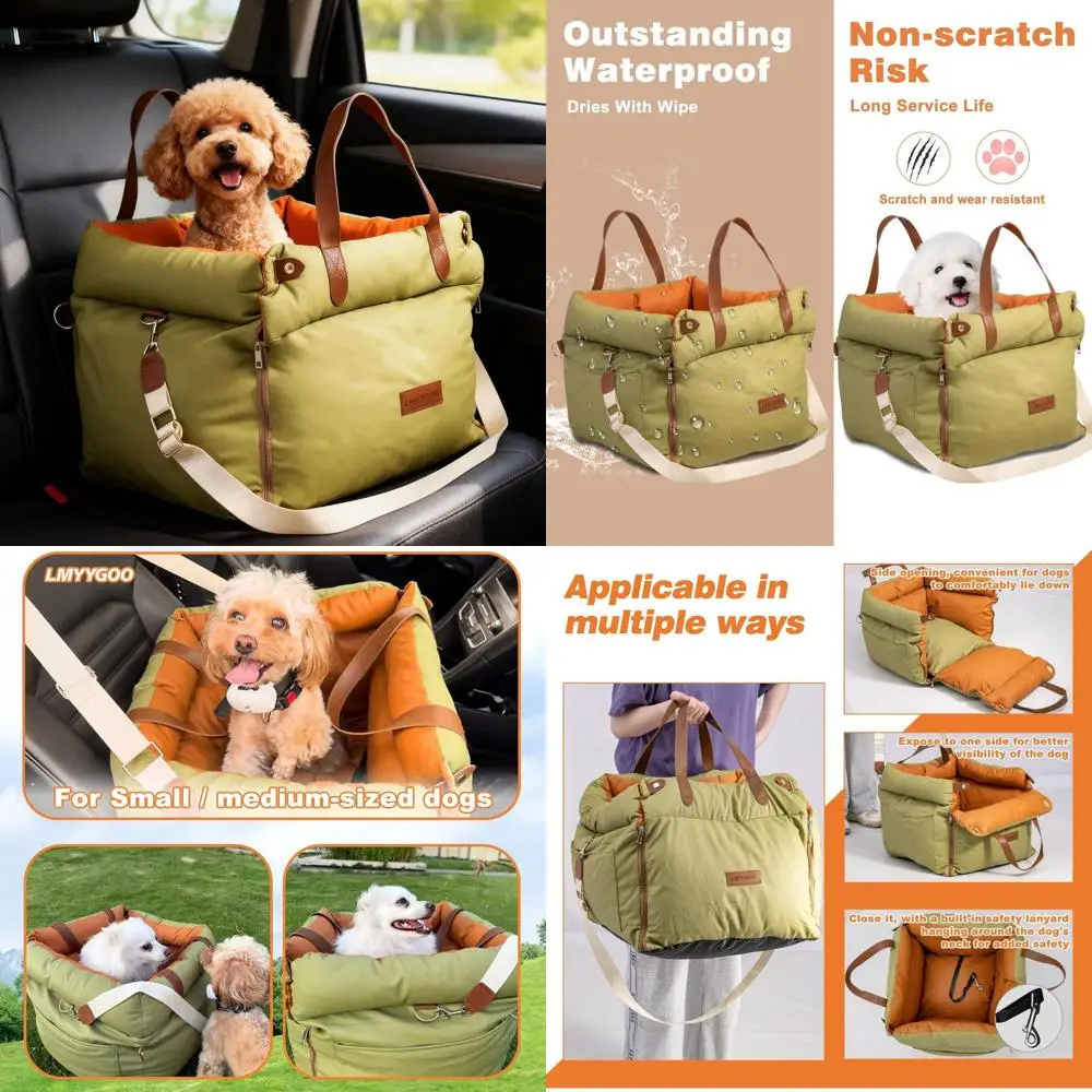

Waterproof Leather Dog Car Seat, Travel Bed with Harness for Small to Medium Dogs up to 35 lbs, Green