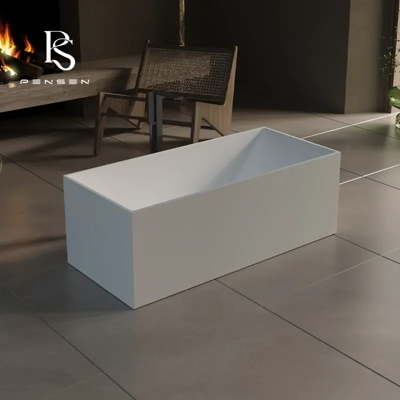 Rectangular Freestanding PMMA Artificial Stone Bathtub Compact Soaking Tub for Small Apartment Bathroom Home Use