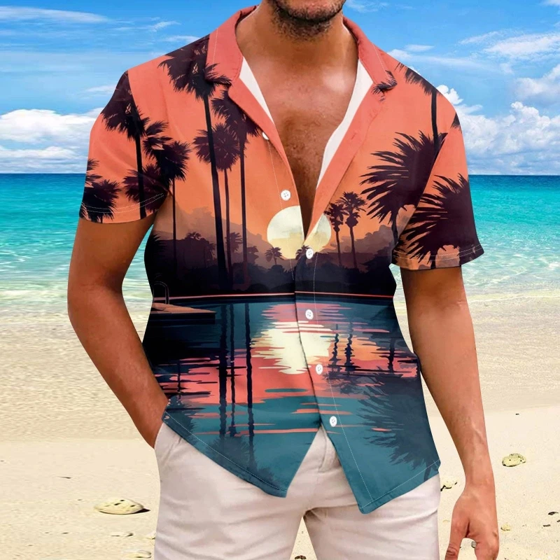 Camisa havaiana masculina de manga curta, estampada 3D em coqueiro, tops grandes e soltos, moda verão, nova, 2024