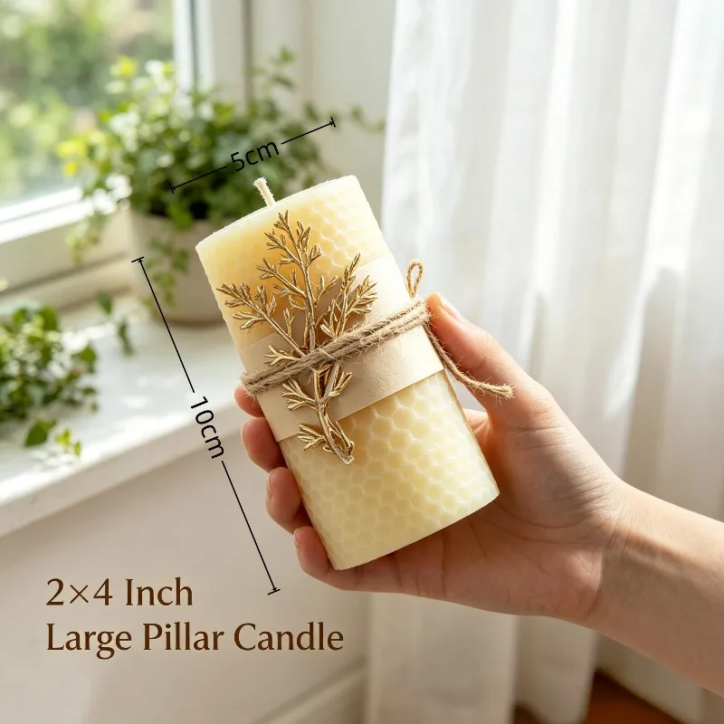2-piece Handmade Beeswax Pillar Candle Set (White), 5x10 cm, Honey Scented, Home Decor