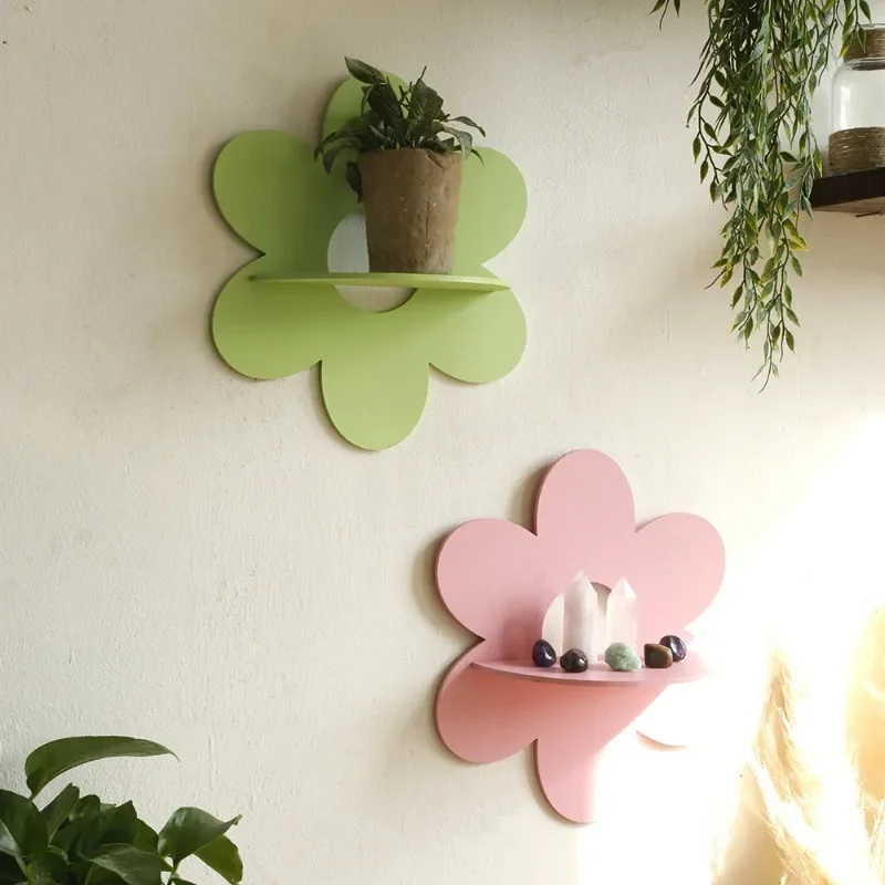 Flower Shape Wall Storage Holder Wooden Wall Art Wall Decoration Floating Plant Shelf For Bathroom Home Room Decor Gift Bedroom