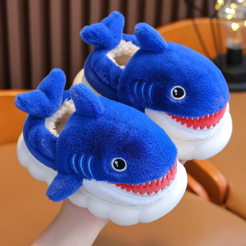 3D Shark Boys Girl's Winter Shoes Cartoon Warm Plush House Family Slippers For Girls Boys Soft Comfortable Mum Children Slippers