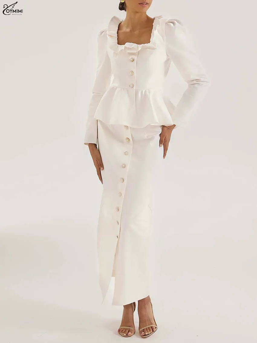 

Oymimi Elegant White 2 Pieces Set For Woman Fashion Square Neck Ruffled Long Sleeve Button Shirts And Single Breasted Skirts Set