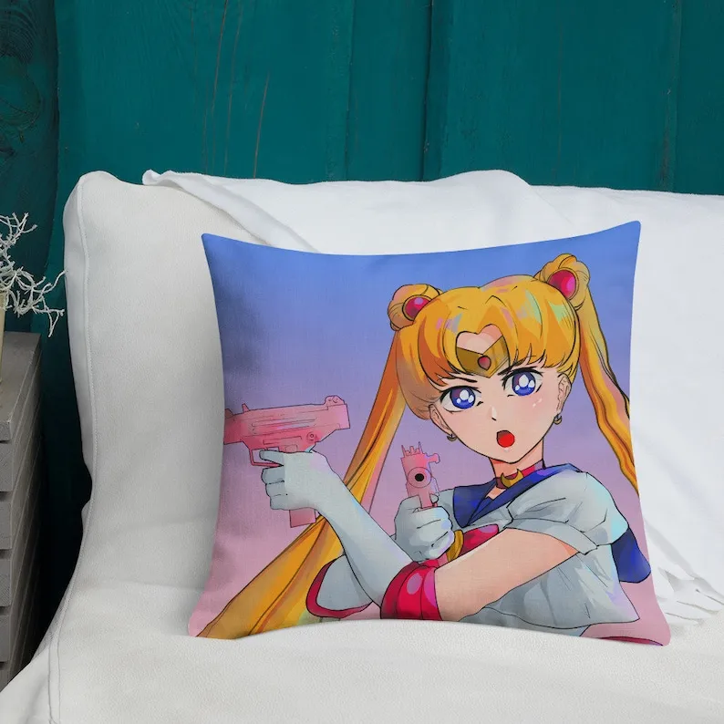 Pink Uzis lo-fi Anime Aesthetic  Premium Pillow  Japanese Anime Inspired Cushion Blonde Anime Schoolgirl holding Submachine Guns