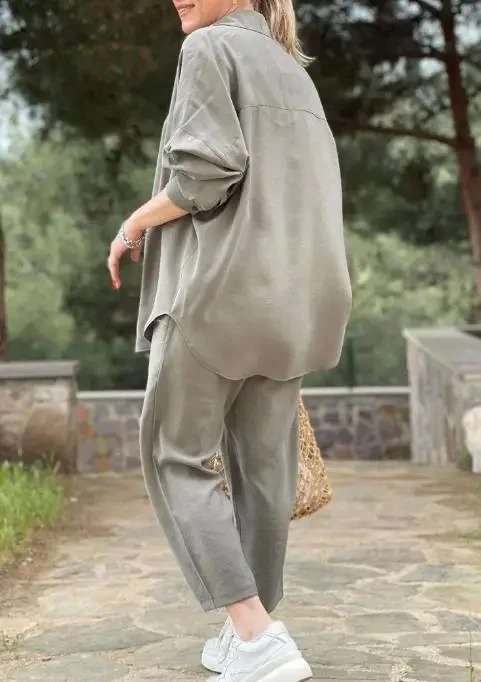 

Women's Set 2025 Spring/Summer New Style Two Piece Outfits Fashionable Loose Long Sleeve Shirt Lace up Casual Pants Sets