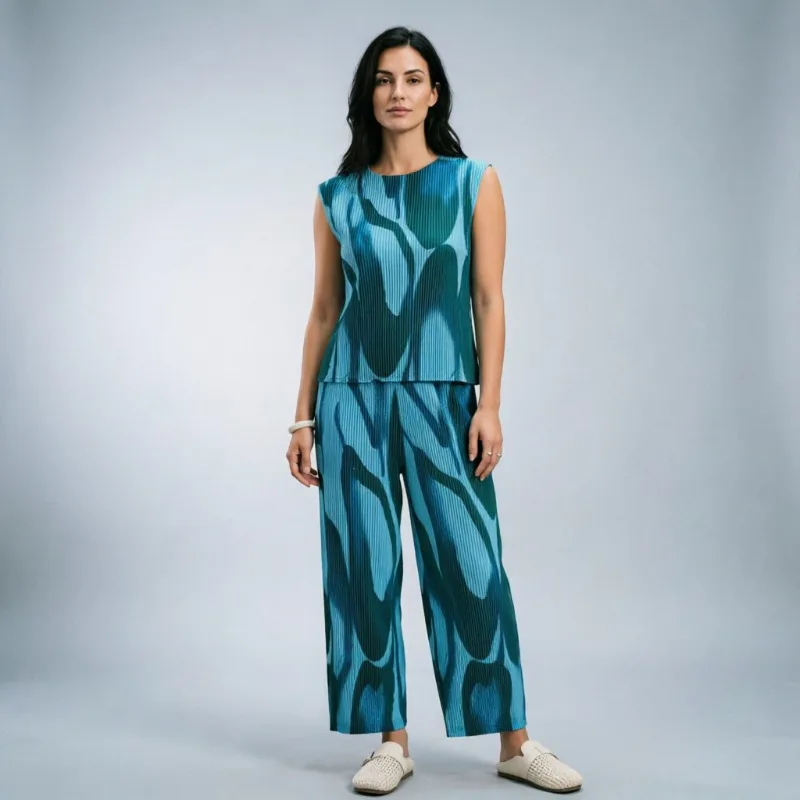 Miyake Pleated Printed Pants Set Plisse 2026 Summer Fashion New HP Series Pear-shaped Printed Pleats Trousers Set Women Clothing