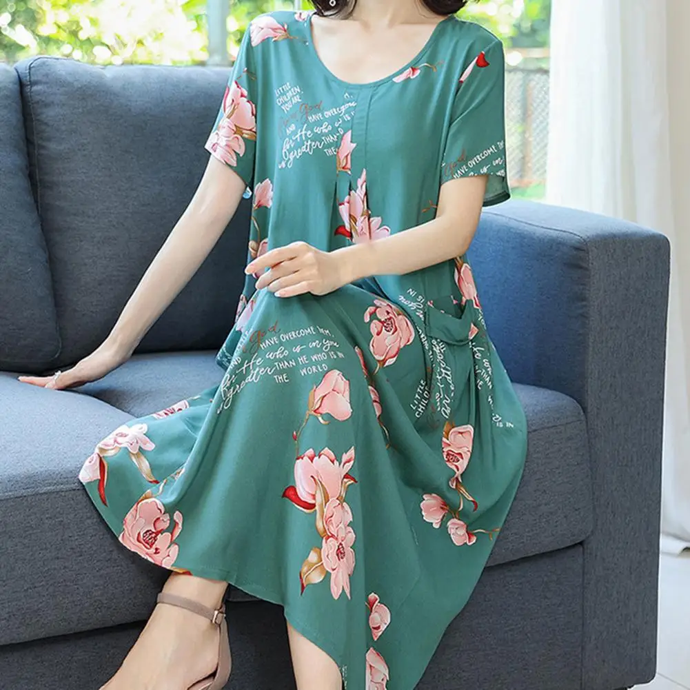 

Mother Dress Flower Print Summer Dress O Neck Short Sleeve Pullover Mom Dress Loose Tunic Dresses Old Lady Pajamas Home Clothes