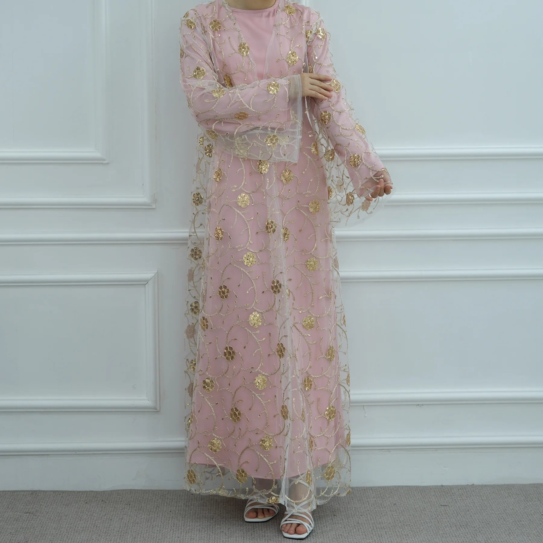 

2PCS Eid Embroidery Abayas for Women Muslim Sets Dubai Kimono Cardigan With Inner Dress Islam Jalabiya Kebaya Kaftan Robe Abayo