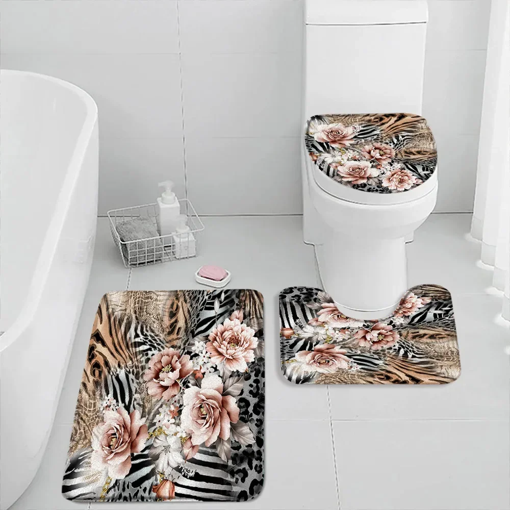 Leopard Fashion Pattern Mats Tiger Animal Zebra Rose Non-slip Flannel Print Stripes Bedroom Bath Mat Anti-Slip Bath Mat Set