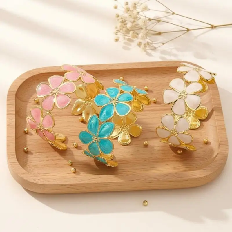 French Inspired Floral Stainless Steel Bracelet Hand Dripped Oil Paint Gold Plated Women Fashion Jewelry