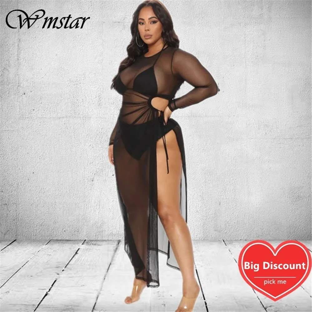 Wmstar Plus Size sukienki damskie Sexy Hollow Out Mesh przepuszczalność moda sukienka nowa hurtownia Dropshipping