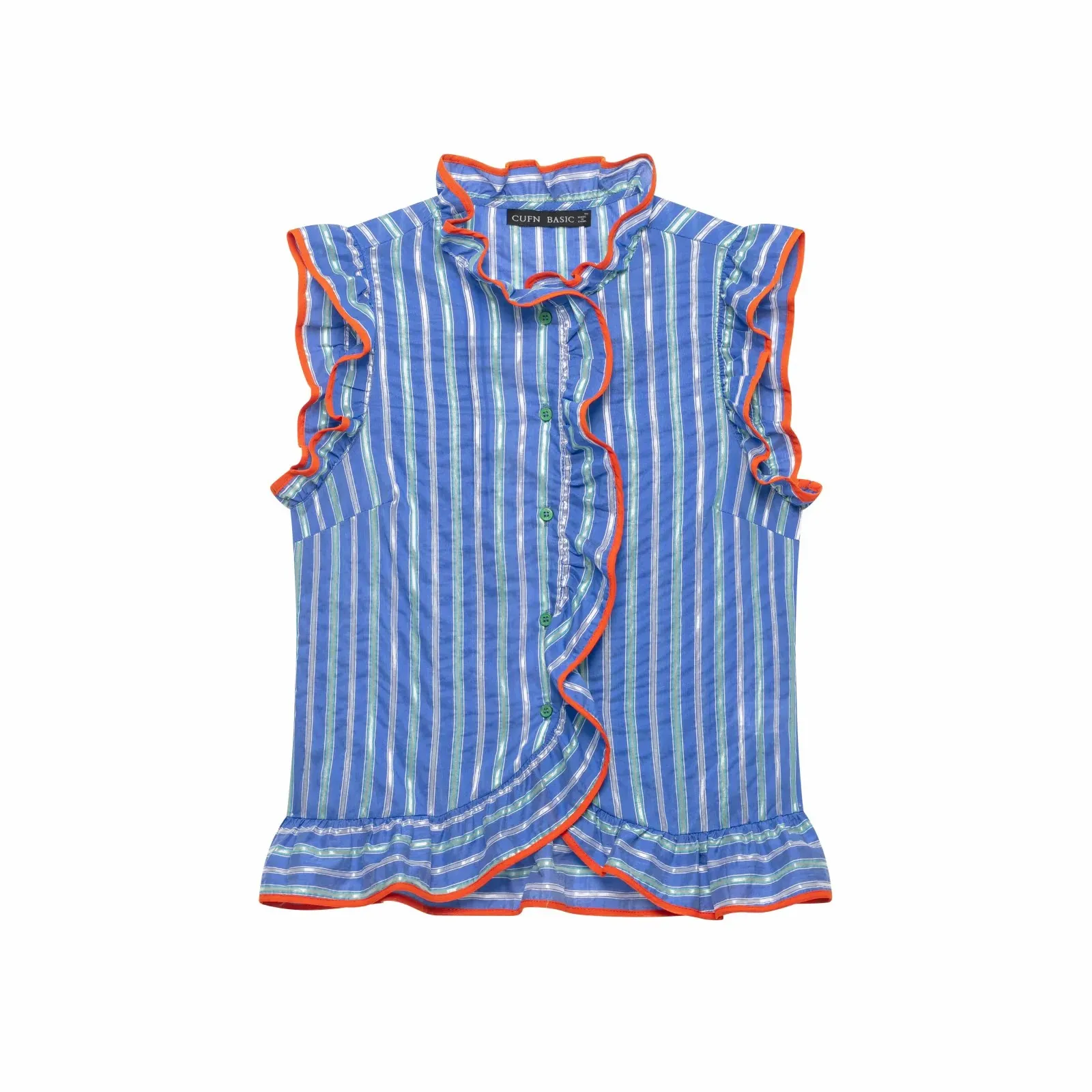 Damen Gestreifte Ärmellose Rüschenbluse mit Stehkragen und Einreihiger Knopfleiste, Neues Street-Casual Damen-Tanktop – Detail 2