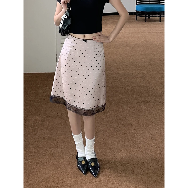 Tonngirls Vintage Dot Skirts Women Lace Patchwork High Waist A Line Skirt Y2k Fairycore Skirts Elegant 2000s Japanese Summer