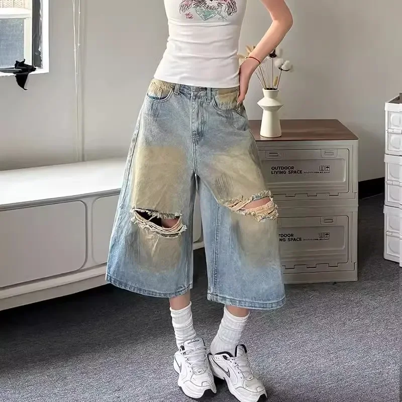 Women Summer Distressed Denim Wide Leg Pants Gradient Ripped Jeans Capris Loose Casual