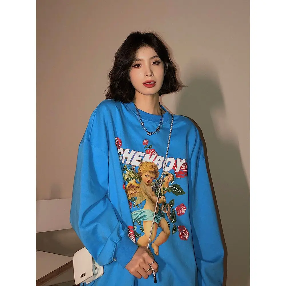 Sweater women's lazy spring and autumn new loose street retro American angel print pullover top ins trendy brand Harajuku casual