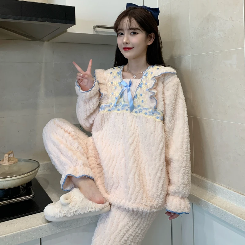 Sweet Pajama Sets Women Prairie Chic Loose Cozy Winter Warm Korean Style Street Aesthetic Stylish Hipster Schoolgirls 2 Piece