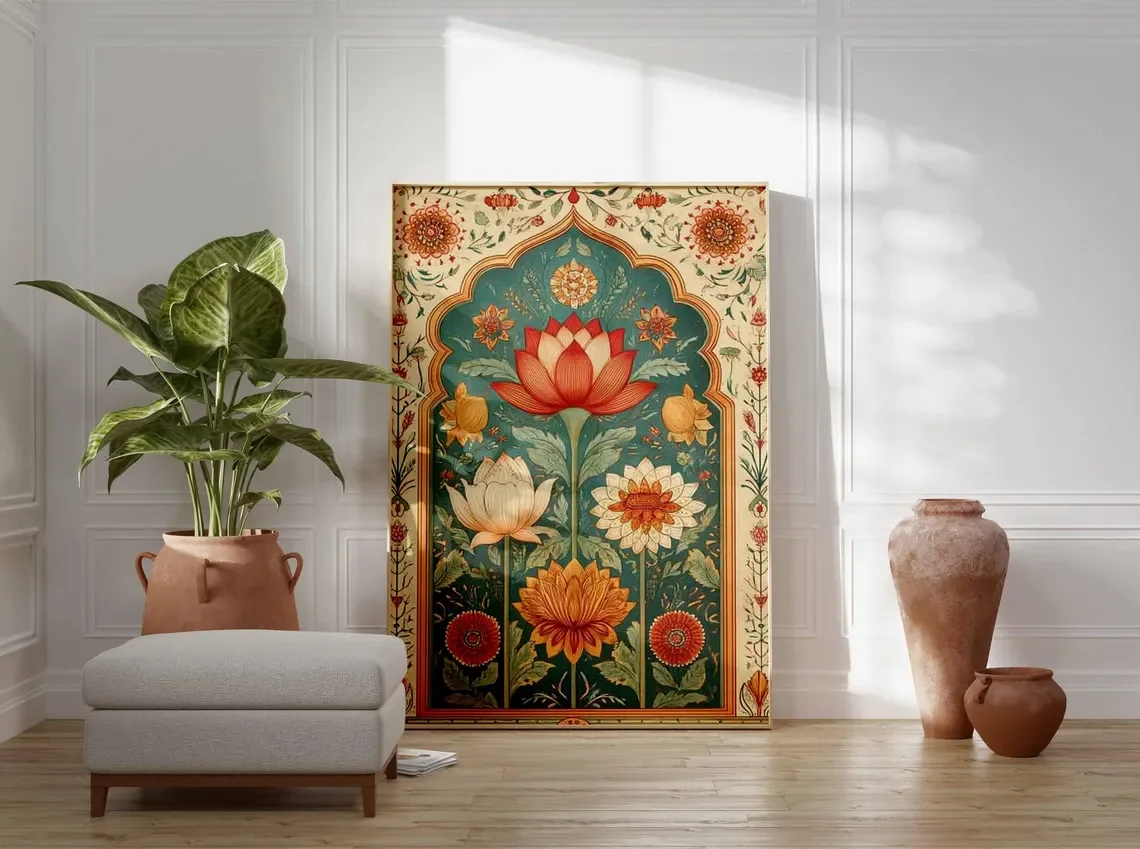 Lotus Flower Wall Art Poster, Indian Botanical Print, Traditional Floral Illustration, Boho Home Decor, Vintage Mandala Style Po - view 6