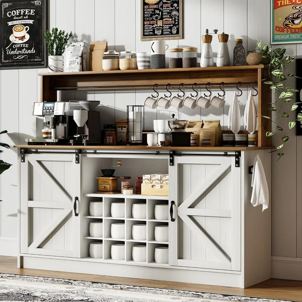 Mueble para cafetería con almacenamiento, barra de 55 pulgadas con hucha, mueble alto con puertas corredizas de granero, 12 estantes y 8 ganchos para la vida