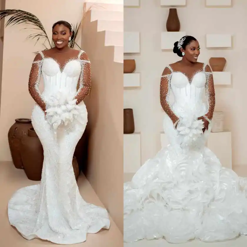 

Gorgeous Mermaid Gown Wedding Dresses 3D Floral Appliques Special Occasion Sequined Gowns Vestido De Noiva Customized