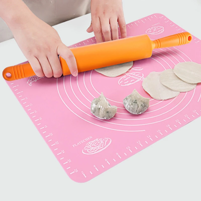 Reusable Round Silicone Kneading Pad Set Heat Resistant Thickened Pastry Mat with Rolling Pin for Baking