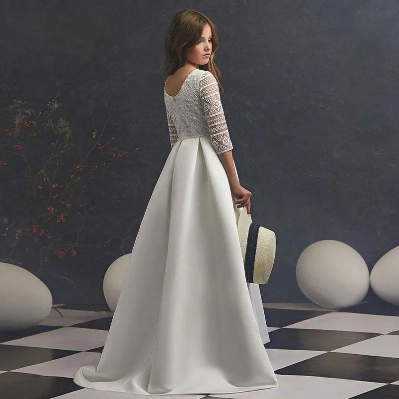 Vestido de satén blanco con cuentas de encaje para niña, ropa elegante de boda, primera eucarista, fiesta de cumpleaños