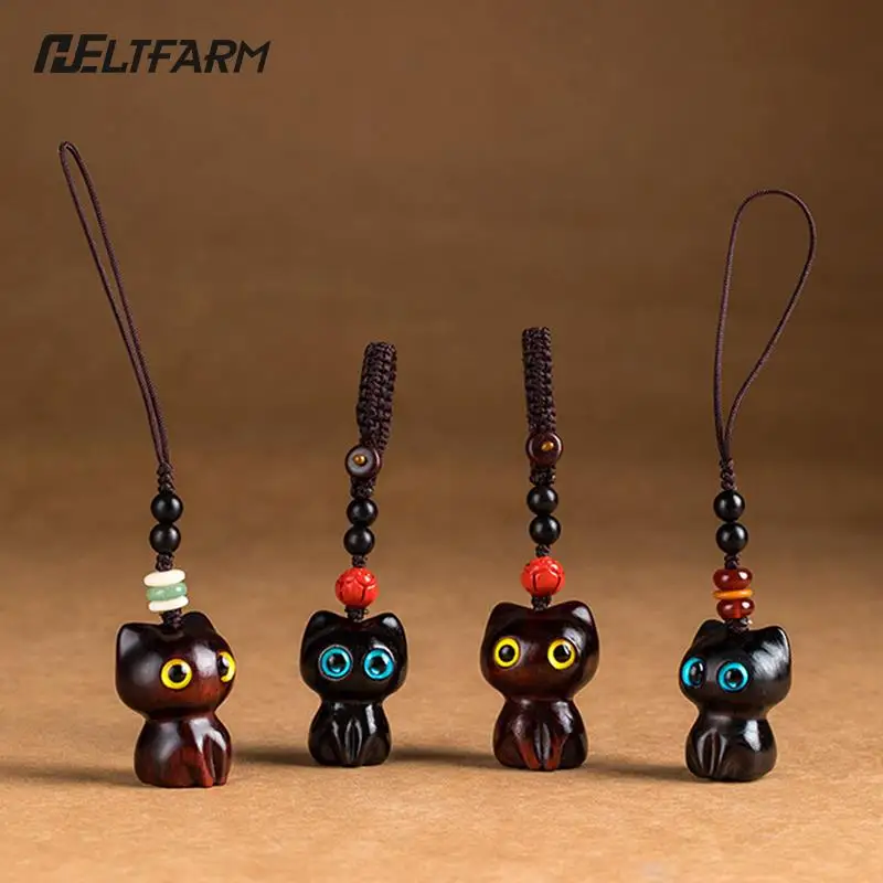 Sandalwood Wooden Cat Keychain Anime Cute Mobile Phone Chain Wooden Bag Pendant Accessories Car Keys Pendant Charms