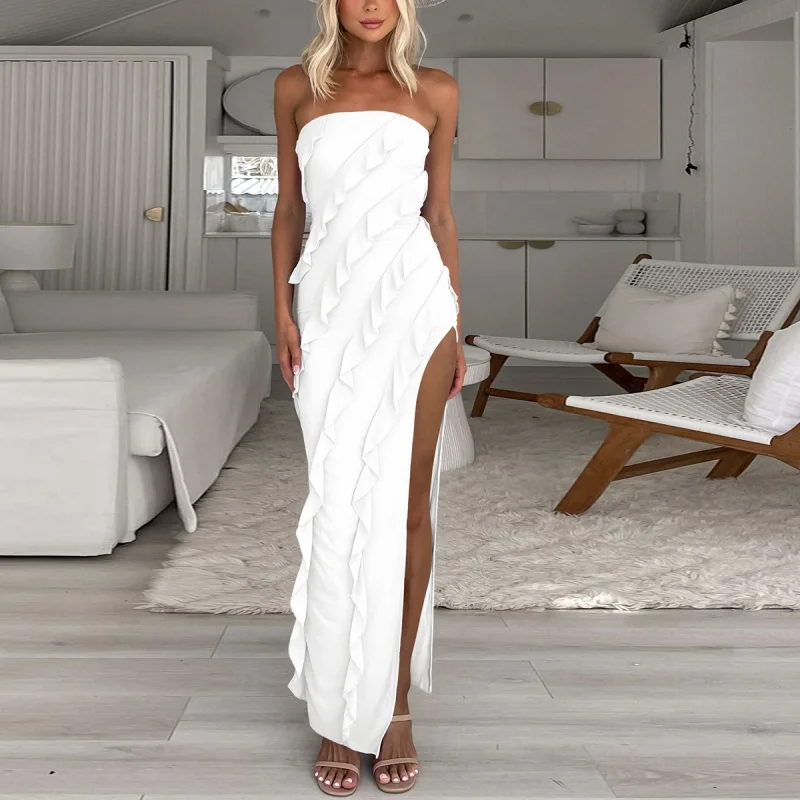 

2025New Arrival Hot Sale Tube Top Dress European and American Summer Side Slit Irregular Bodycon Skirt