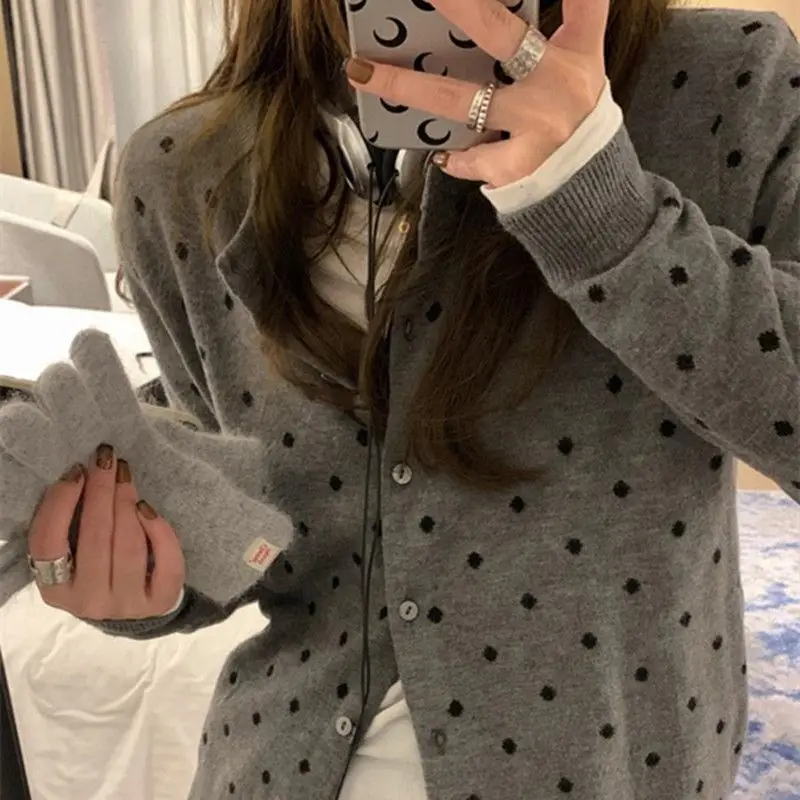 Polka dot knitted cardigan ins women's spring and autumn new style layered design sense versatile slimming long sleeved top