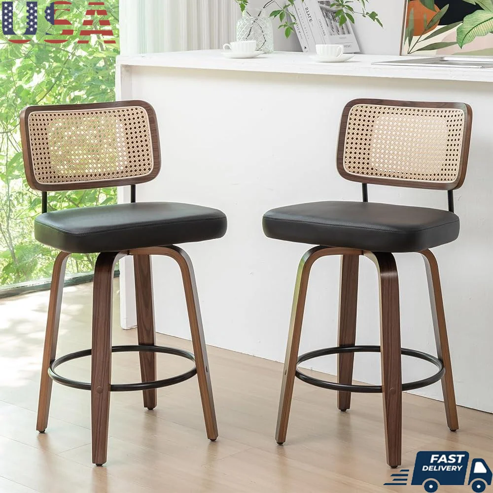 Juego de 2 taburetes de bar giratorios de ratán, respaldo curvo, asiento tapizado, altura de mostrador, diseño moderno de mediados de siglo, cocina y comedor