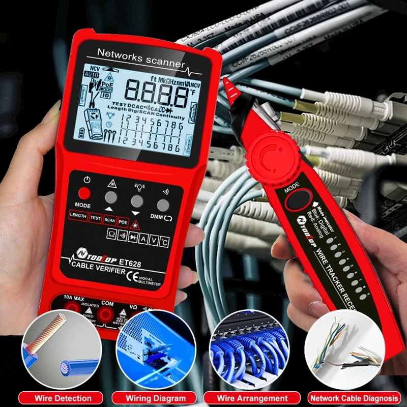 ET628 Network Cable Tester Visual Fault Locator Digital LCD Analog Search POE Test Cable Pairing Length Wiremap Check Multimeter