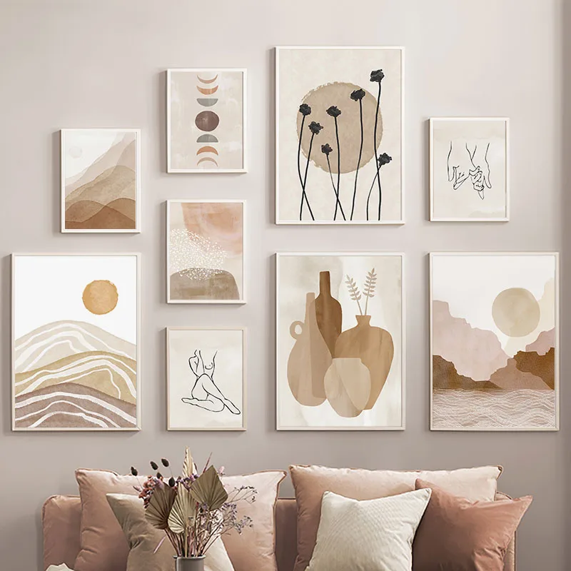 Boho Mountain River Moon Vase Flowers Wall Art Canvas Painting Abstract Beige Posters And Prints Pictures For Living Room Decor