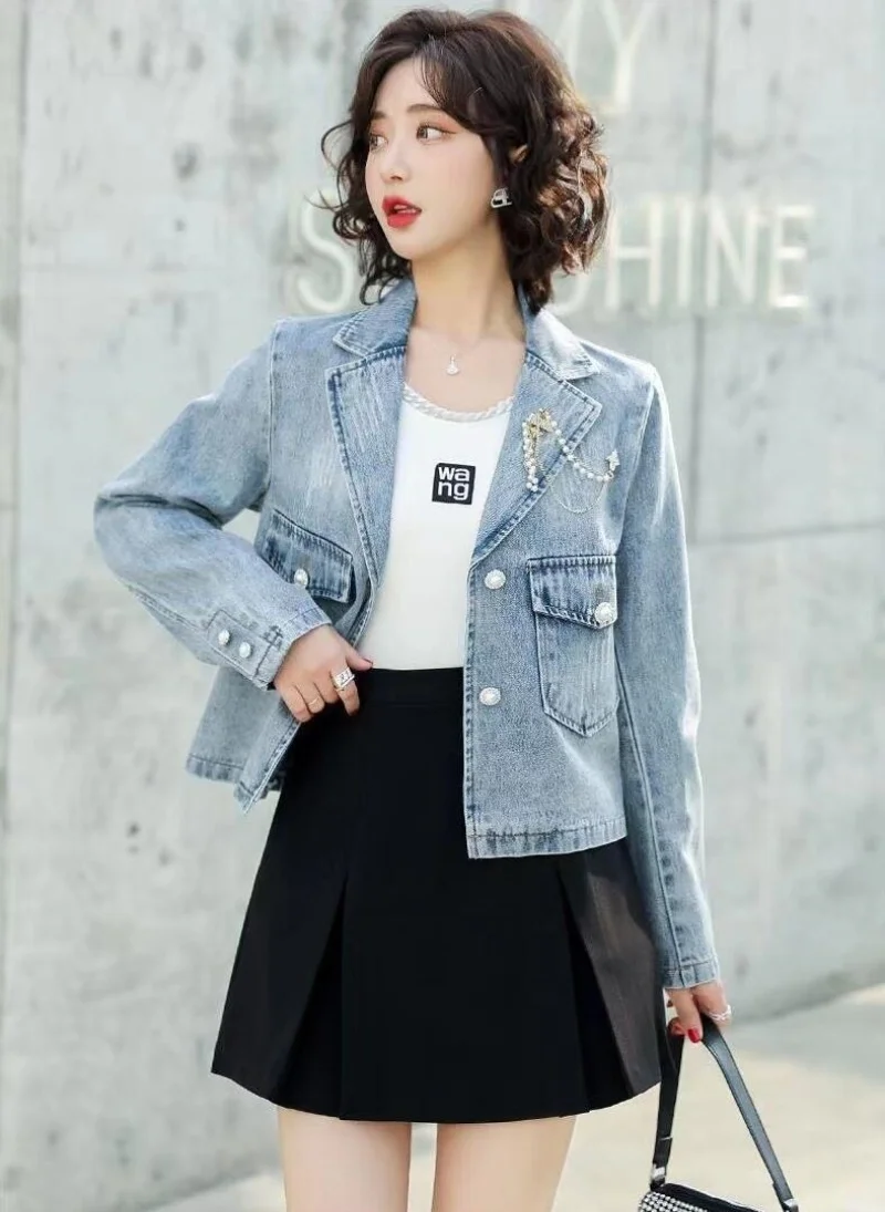 

2025 Denim Jacket for Women's Short Spring and Autumn New Korean Style Hong Kong Style Fashionable Suit Top
